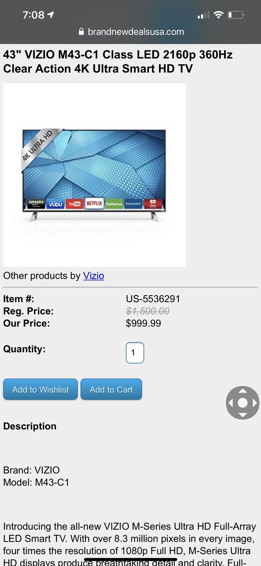 43" VIZIO M43-C1 Class LED 2160p 360Hz Clear Action 4K Ultra Smart HD TV