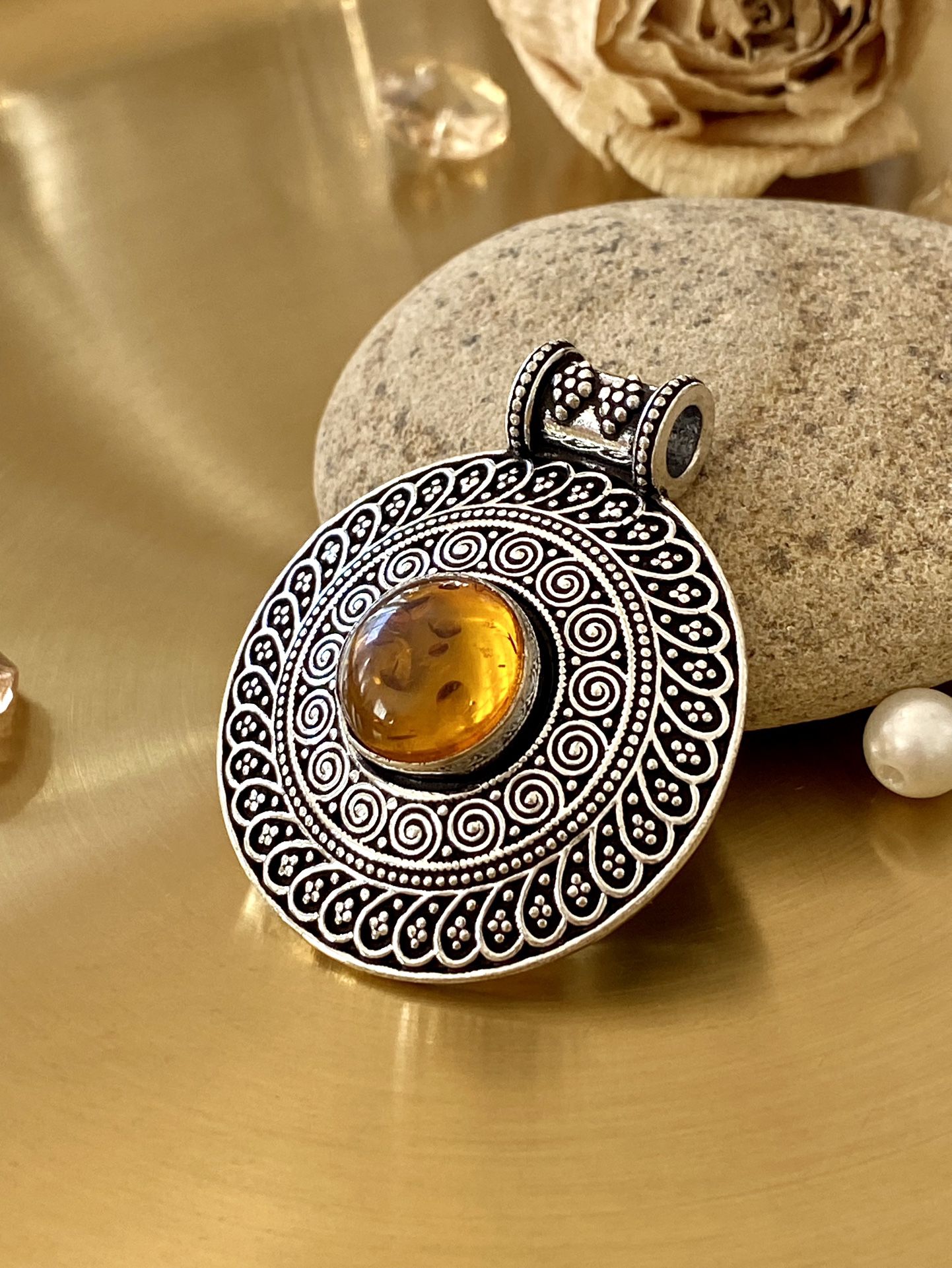 Amber 925 Sterling Silver Overlay Hand Embossed Round Pendant