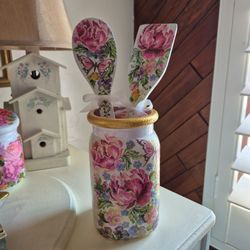 Hand designed decoupaged jar and matching wooden spoon set