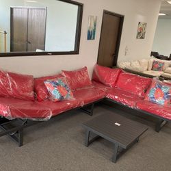 New 3-pc Aluminum Sofa Set In Red, Patio Conversation Seating Group 82.68"W x 28.35"'D x 27.56"'H Table: 27.56"L x 27.56"W x 11.81"H