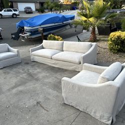 Restoration Hardware Belgian Slope Arm Slipcovered Sofa & Swivel Chairs