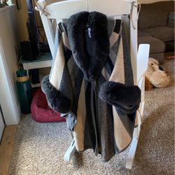 Tan And Grey Poncho Style Jacket With Sleeves, Gray Faux Fur Around The Neck And Sleeves