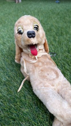 Vintage Wind-Up Plush Dog Toy Japan Mechanical Moving Eyes Mouth Belly WORKS