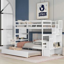 Twin over Twin Bunk Beds With Twin Trundle and Stairway Storage Function in White color 