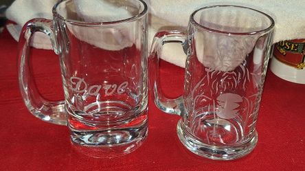 Two Clear Glass Beer Mugs Etched With The Name Dave With One Also Etched With A Wizard. G5B041