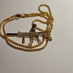 Iced Out, Mens Machine Gun CZ Pendant  Gold Plated 22"  Chain Necklace 