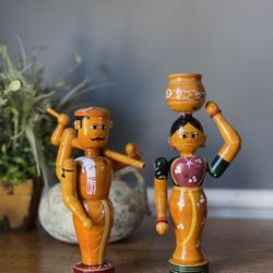 Hand Carved & Painted Indian Farmer Couple Folk Art Wooden Figurine / Golu Dolls
