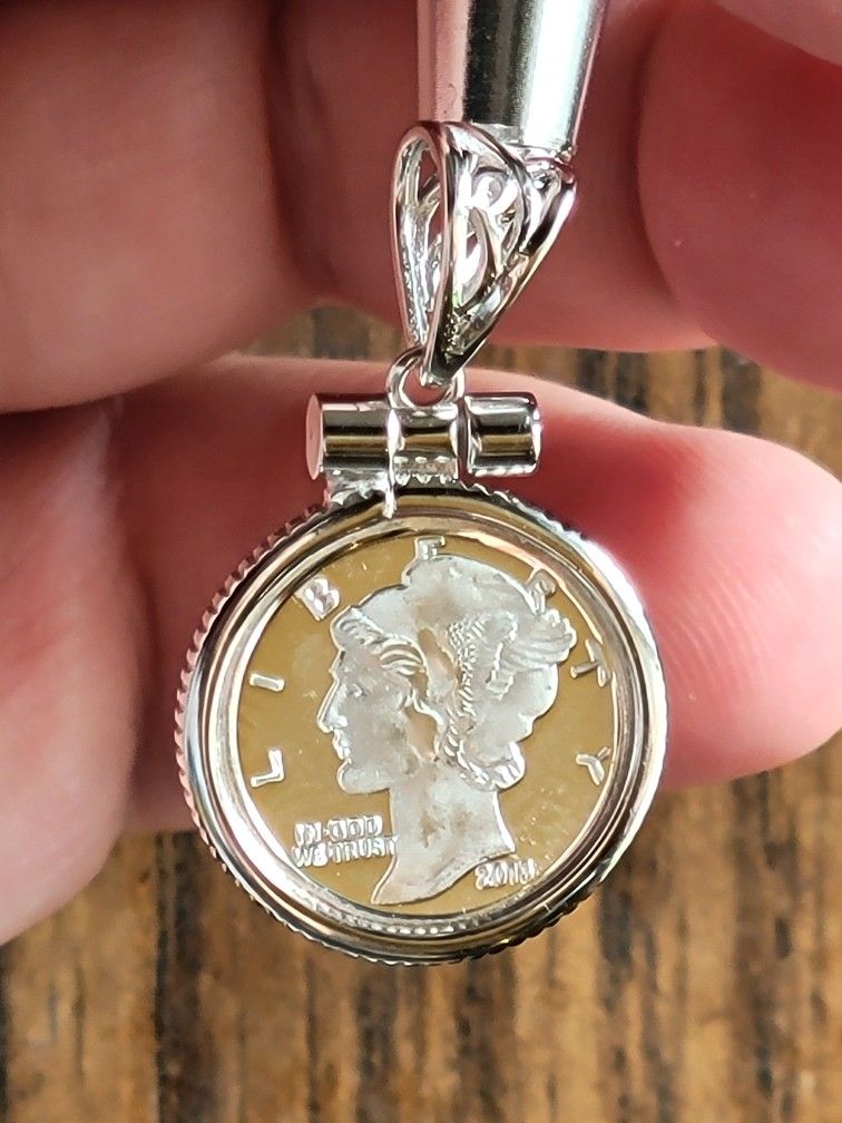 .999 Fine Silver 1g Murcury Dime W/ .925 Sterling Silver Stamped Bezel Unisex Jewelry
