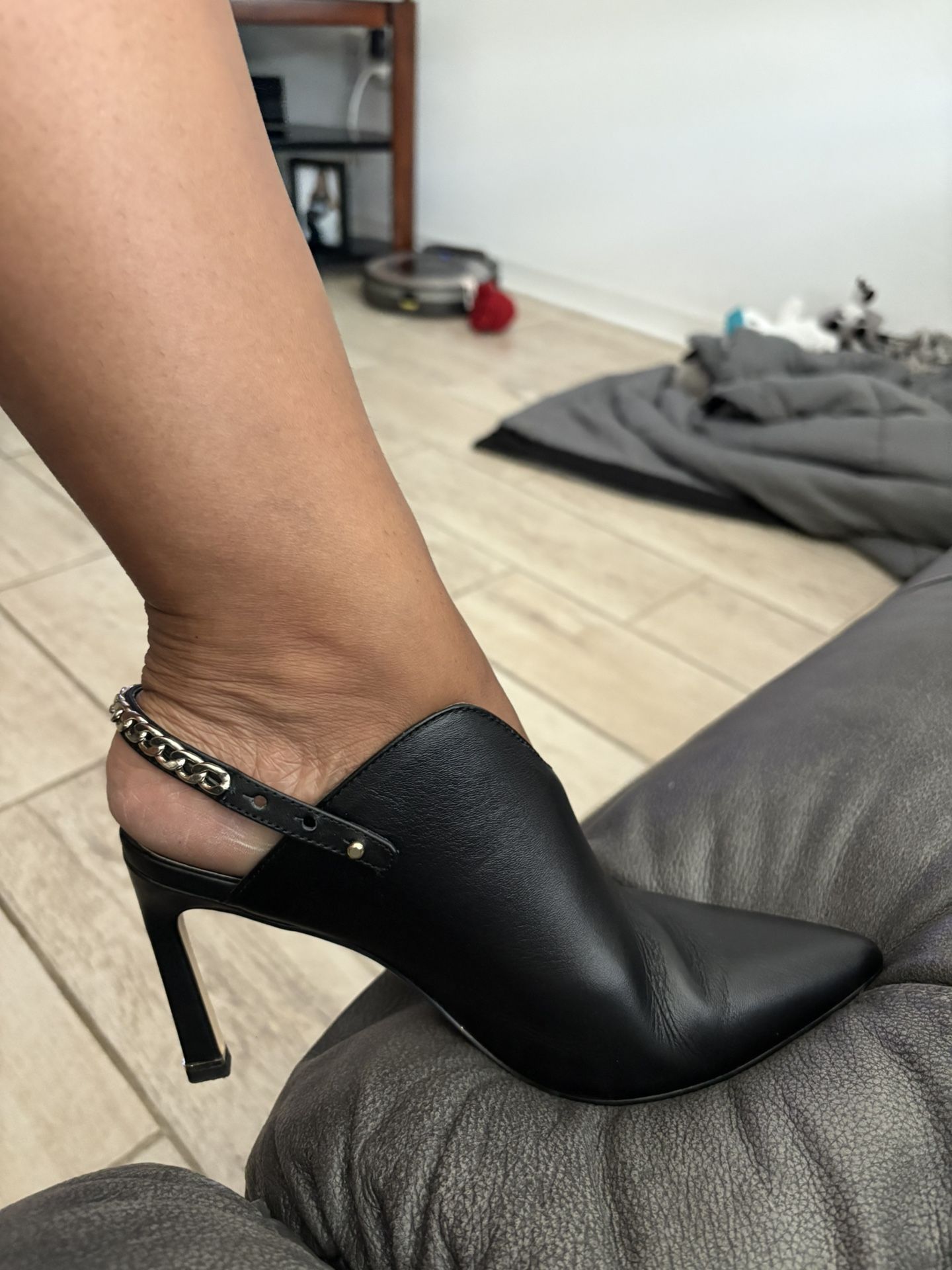 White House Black Market Black heeled mules size 6.5 gold chain accent with box