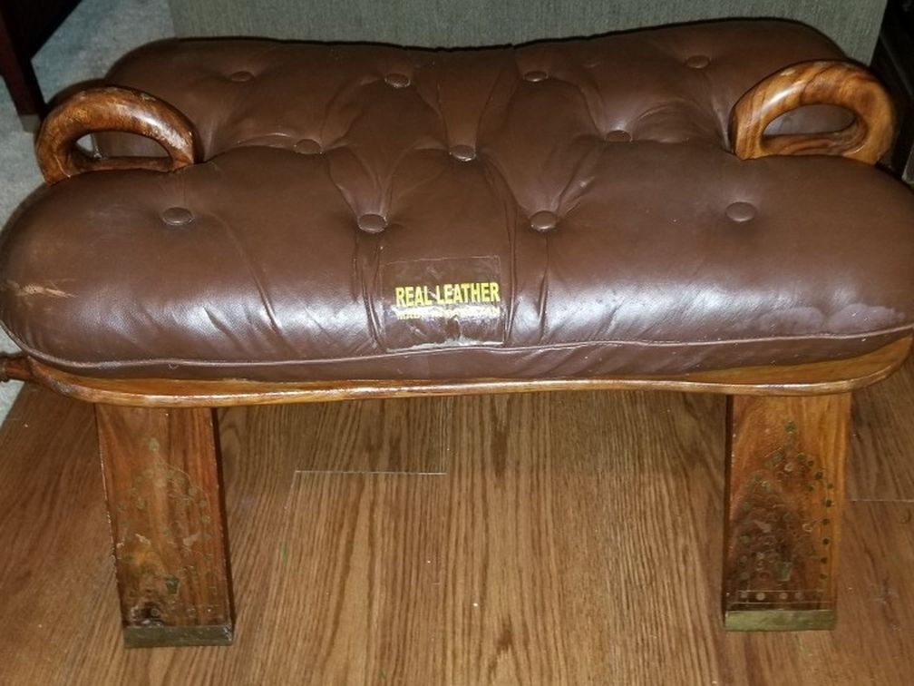 Brown leather Foot Stool With Gold Details