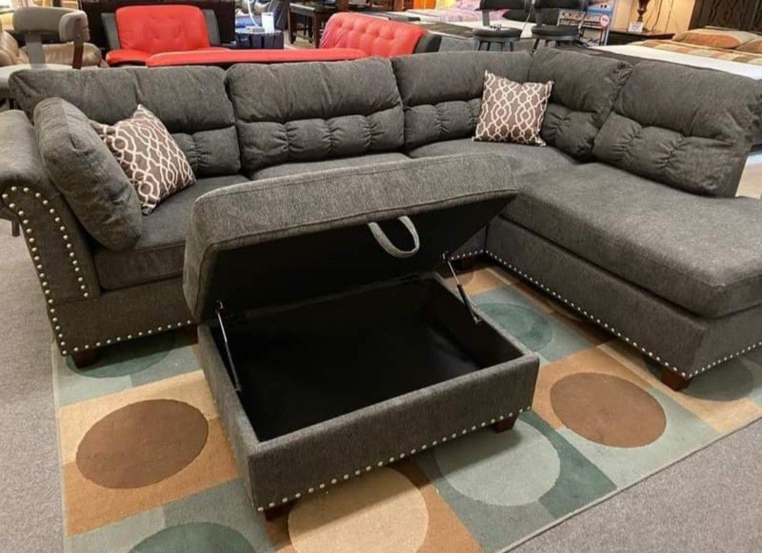 Brand New Grey Velvet Like Sectional Sofa Couch +Storage Ottoman (New In Box) 