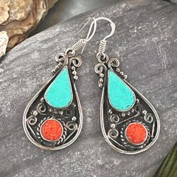 Turquoise & Coral Silver 2.2” Earrings-Southwest Antique Design