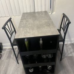 Small Bar Table and Chairs, Tall Kitchen Breakfast Nook with Stools/Dining Set for 2, Storage Shelves, Space-Saving, Gray