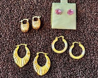 BRAND NEW Fashion Earrings, including Tri-Color Gold Hoops, Gold Baskets, and Sterling Silver Posts with Pink Gem Stones.