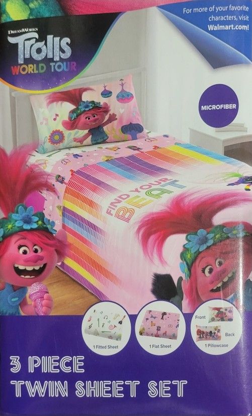 Trolls Kids Twin Sheet Set, Pink and White,