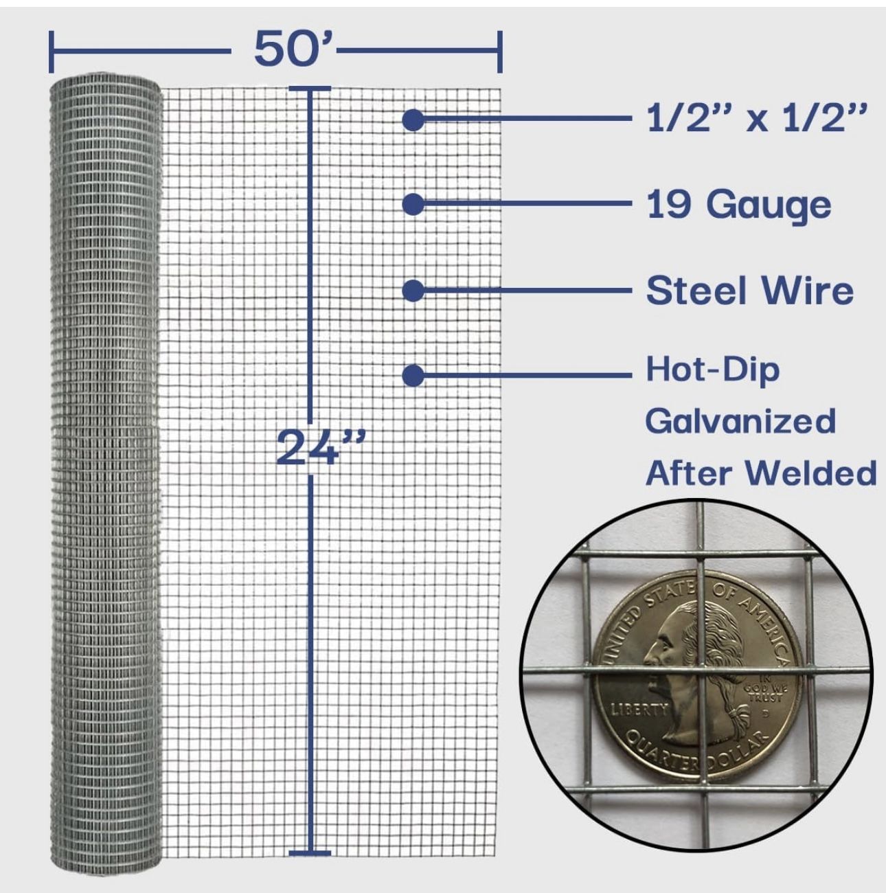Hardware Cloth 1/2 in. x 2 ft. x 50 ft. 19-Gauge, Wire Mesh Roll, Chicken Wire Fencing, Wire Fence Roll, Welded Wire, Rodent Mesh, Wire Cloth, Galvani