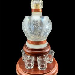 Rare Regalia French Elite Vodka Bottle Decanter (Empty) on Wood Display Stand 6 Glasses
