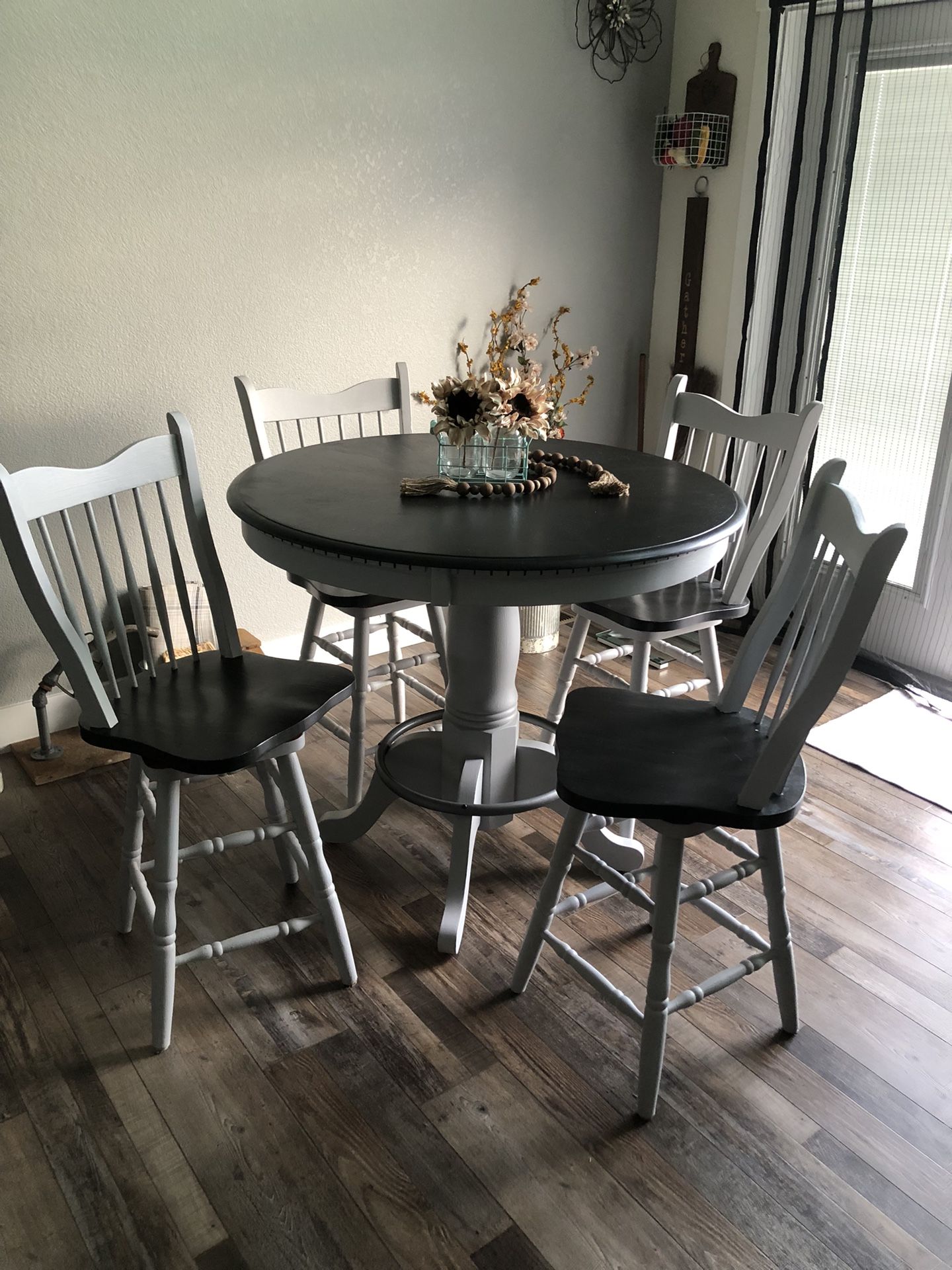 Farmhouse Pub/Bar Style Dining Table with 4 Swivel Seat Chairs.