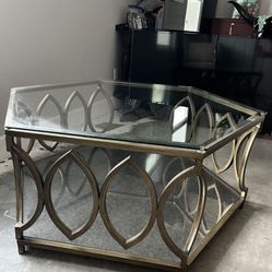 Modern Glam Glass & Metal Coffee Table – Geometric Gold Frame