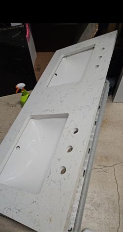 New double sink marble look quartz 54" with backsplash