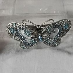 Butterfly Silver Tone Barrette with Blue Rhinestones