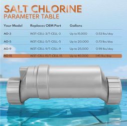 T-15 Upgraded Salt Cell for W3T-CELL-15, 40,000 Gallon Pool Upgraded Design, 40,000 Gallon Capacity, 15FT Cable, Durable Housing