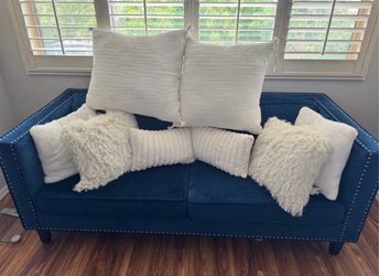 Blue Velvet Sofa/Couch with Silver Nailhead Trim – Excellent Condition