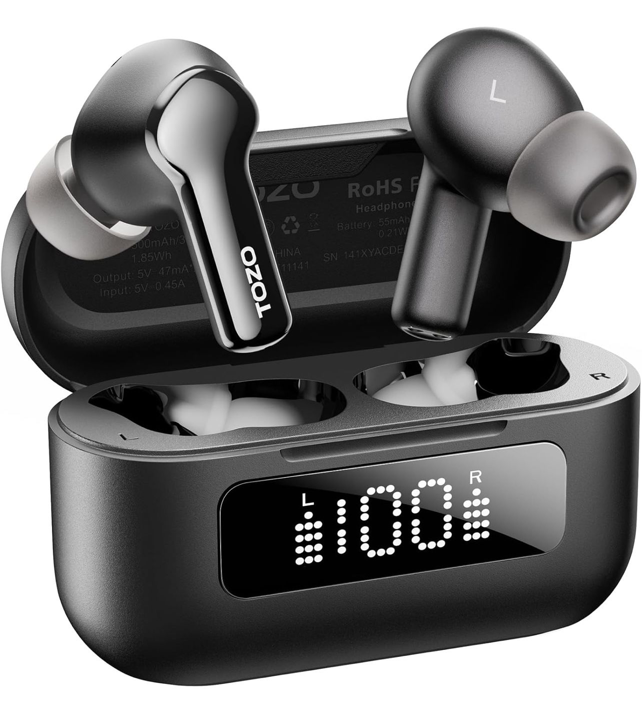 TOZO Hybrid Active Noise Cancelling Wireless Earbuds with 6 Mics AI Clear Call Ear Buds 55H Playtime with LED Display 32 Preset EQs via APP Bluetooth
