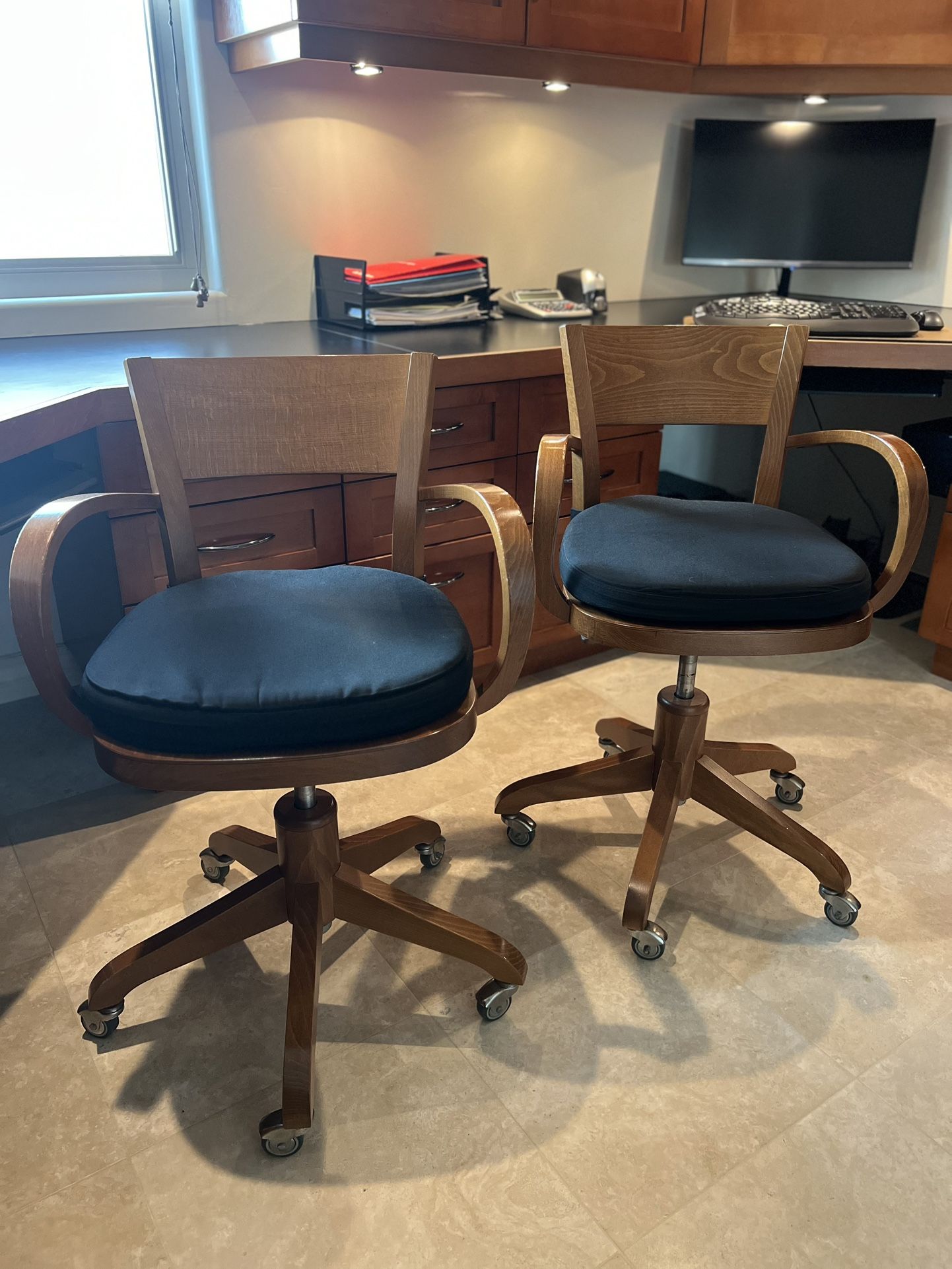Set of 2 Crate & Barrel Wooden Rolling Office Chairs