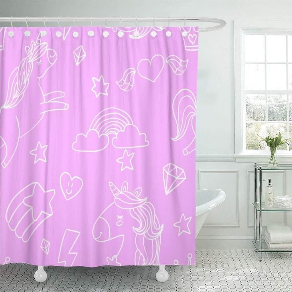 Colorful Abstract Cute Sketch Doodle Outlined on Pink Shower Curtain 66x72 inch