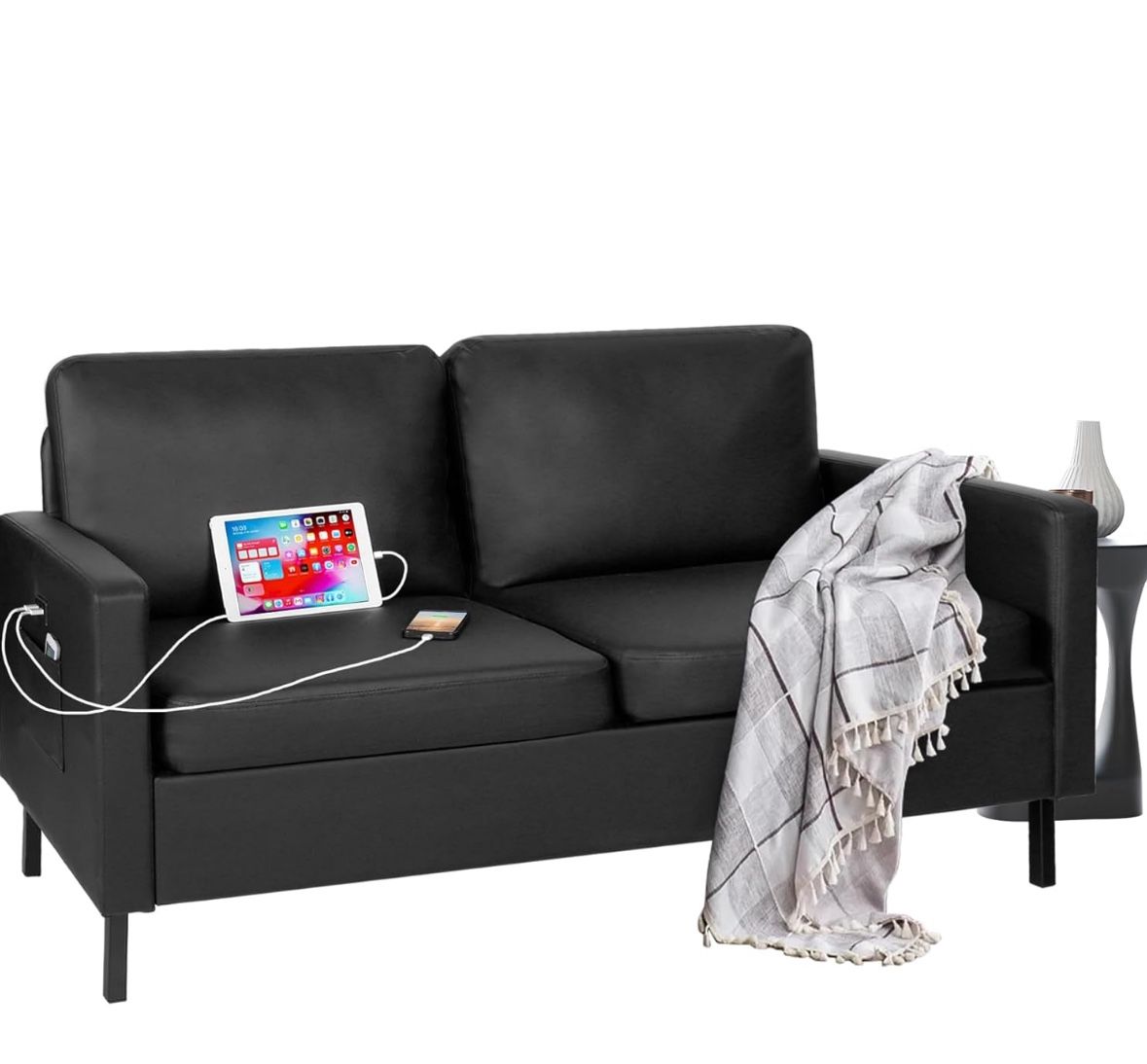 M-56" W Faux Leather Loveseat w/ 2 USB, Black Love Seat w/Side Pockets, Small Loveseat for Small Space, Leather Couch for Bedroom, Apartment, Dorm, Bl