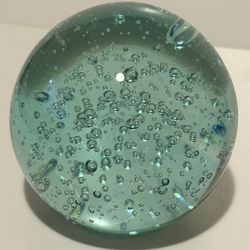 Paperweight Blue with Air Bubbles Art Glass Orb Ball Round
