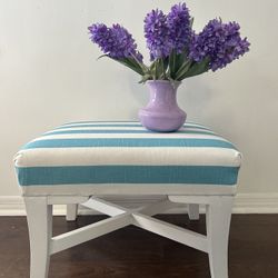 Stunning Ottoman… Turquoise And White Striped … New Fabric… Freshly Painted