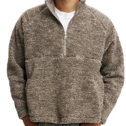 Cotton On Men's Teddy 1/2 Zip Fleece Sweatshirt Putty SMALL