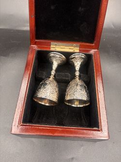 Vintage Ornate Silver-Tone Goblets Set of 2 Floral Design  with Wooden  Box