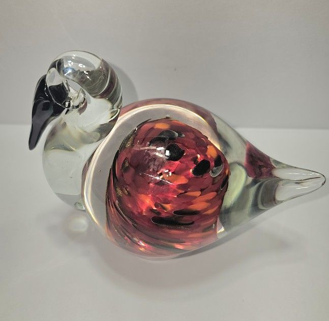 LENOX ART GLASS PELICAN PAPERWEIGHT FIGURINE MULTI RED ENCASED IN CLEAR GLASS