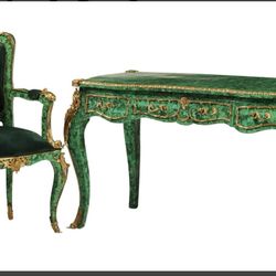 2) LOUIS XV STYLE FAUX MALACHITE BUREAU & FAUTEUIL