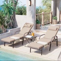 Outdoor Chaise Lounge Chairs 3 Pieces PE Wicker Patio Furniture Set Rattan Beach Pool Lounge Chairs,Adjustable Backrest Lounger Recliner Chair w/Remov