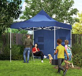 Outsunny 10' x 10' Heavy Duty Pop Up Canopy Tent with Sidewall, UPF50+ Instant Sun Shelter with Storage Pockets, Dark Blue