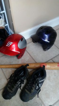 Size 9 easton cleats 2 helmets and 1 wooden baseball bat