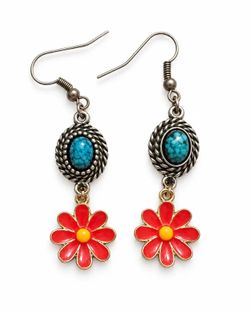 Turquoise Blue & Red Daisy Flower Dangle Earrings – Boho Western Jewelry