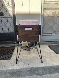 Mid-Century Modern Upcycled Vinyl Record Stand – Removable Crate on Metal Base – Custom LP Storage  Description:  Custom upcycled vinyl record stand f