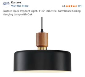 Eustace Black Pendant Light, 11.6" Industrial Farmhouse Ceiling Hanging Lamp with Oak