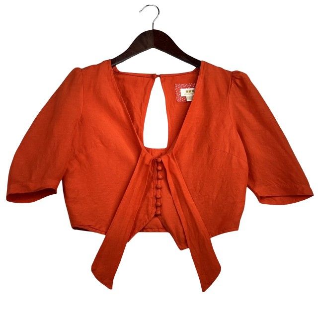 MAEVE ANTHROPOLOGIE Front Sleeve Linen Tie Front Crop Top Size 10