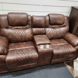 Santiago Brown, leather reclining sofa and loveseat set now only $999. Easy finance option. Same day delivery.