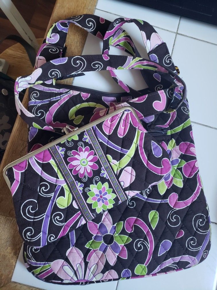 Vera Bradley Hipster Crossbody Purple Punch Bag & Matching Kisslock Wallet