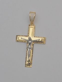 14K Two-Tone Gold Jesus Crucifix Cross Pendant 1.8" x 1.2"
