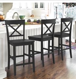 Cozyman - Set of 3 Counter-Height Bar Stools, 24" H Wooden Stools with Backrest and Footrest, X-Back Farmhouse Stools for Kitchen Island and Home Bar