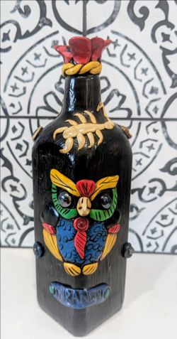 Vintage Mexican Folk Art Clay Decorated Bottle - Owl, Scorpion, Snake Durango