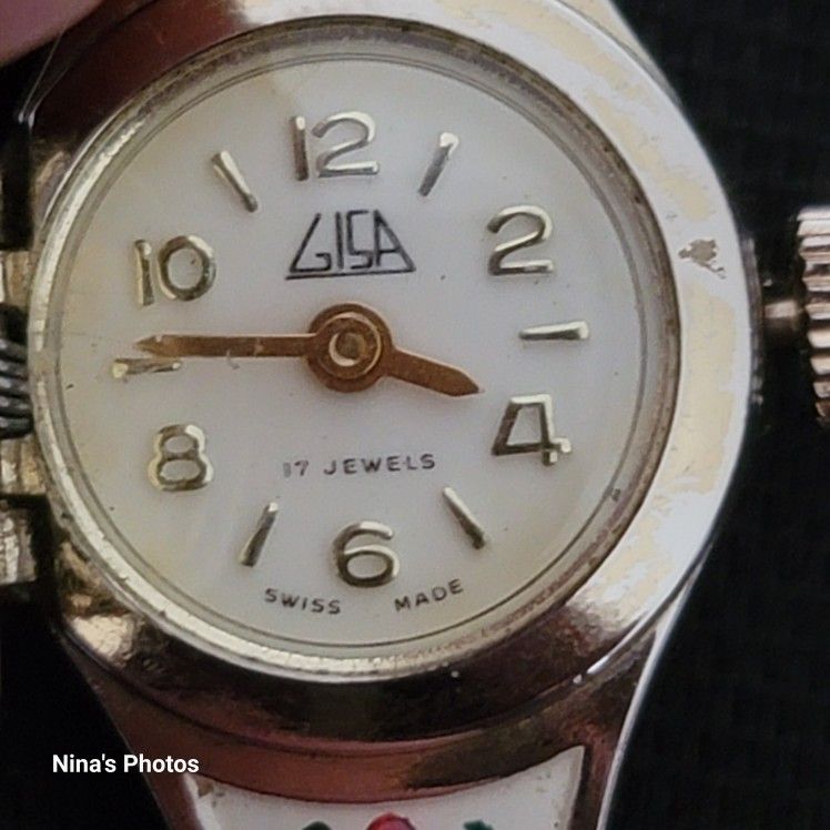 Vintage Gisa 17 Jewels Swiss 17mm Watch Handpainted Floral For Parts Or Repair Vintage Gisa 17 Jewels Swiss 17mm Watch Handpainted Floral  main image 2